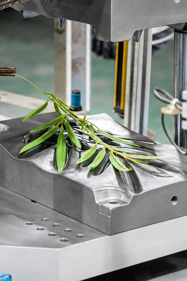 In-house mold development and UV testing workshop for artificial plant components