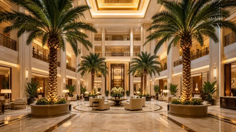 realistic artificial palm trees in a luxury hotel lobby