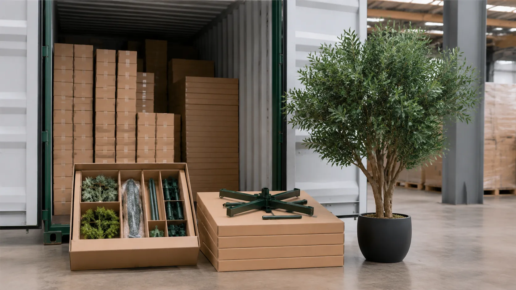 KD knock-down packaging for artificial plants showing volume reduction and container loading comparison