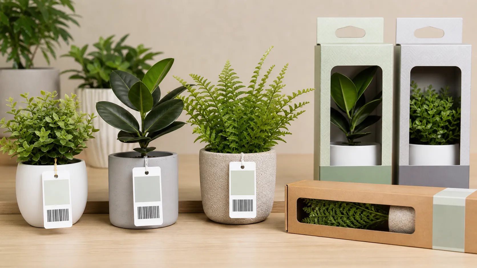 OEM and private label artificial plants with custom logo barcode hangtag and branded retail packaging