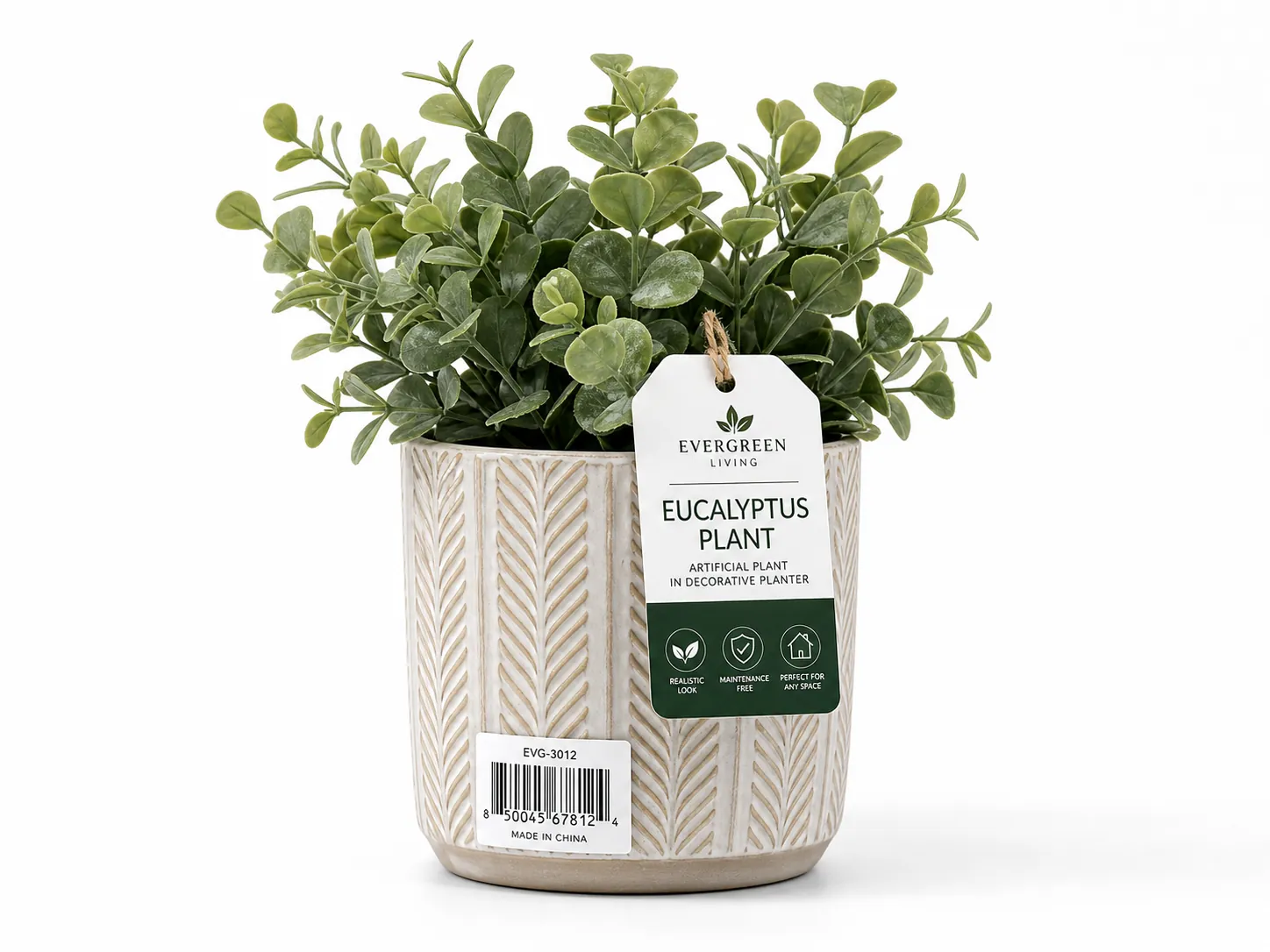 Factory applied UPC barcode labels and branded hangtags on artificial plant products for retail shelf display