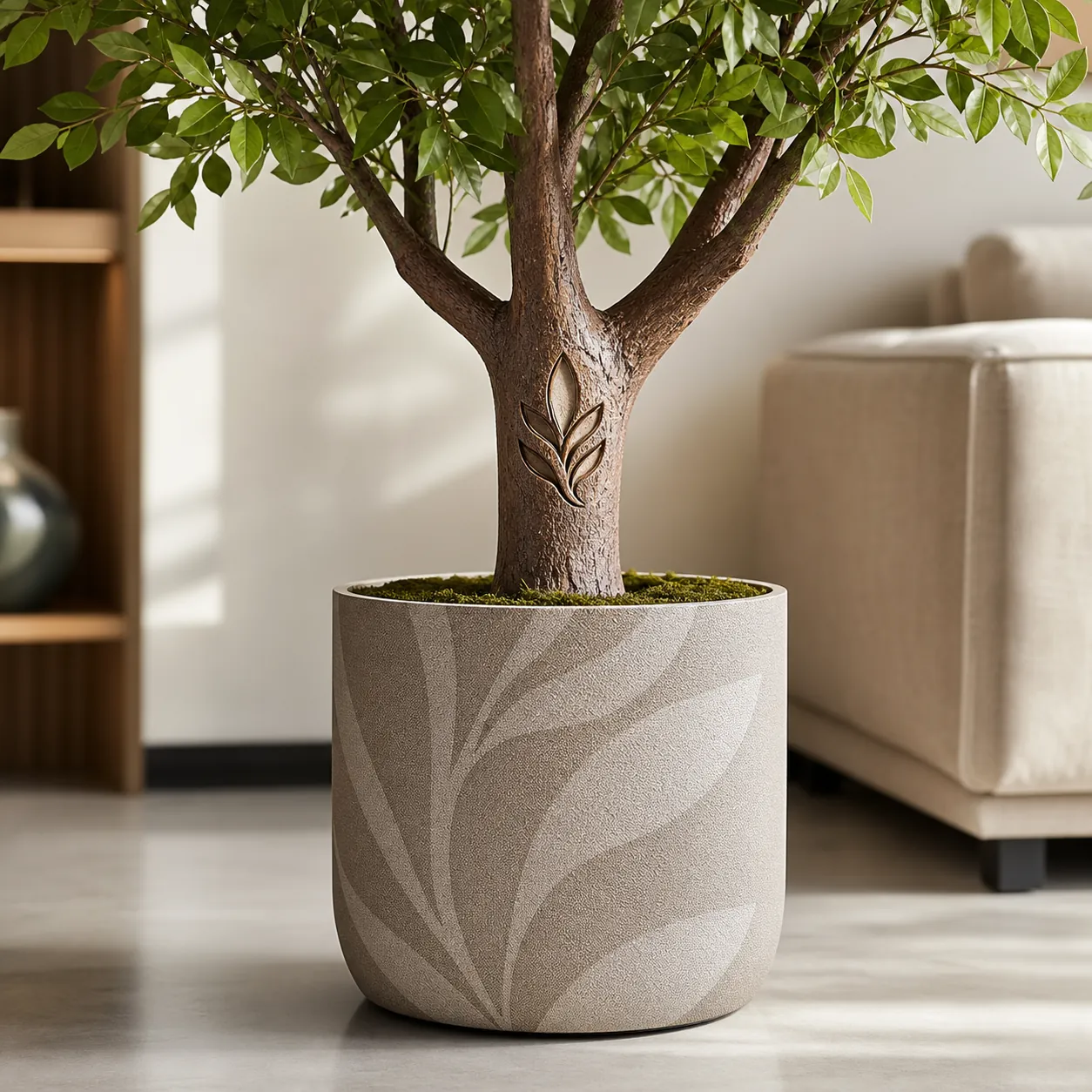 Custom embossed logo on artificial plant trunk and silk screen pot