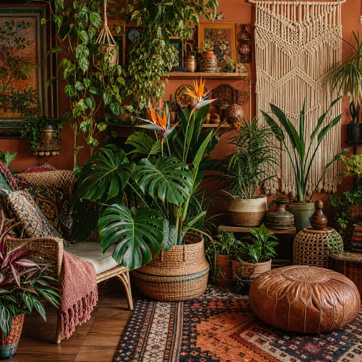 Boho style artificial botanicals with rich textures and dynamic heights