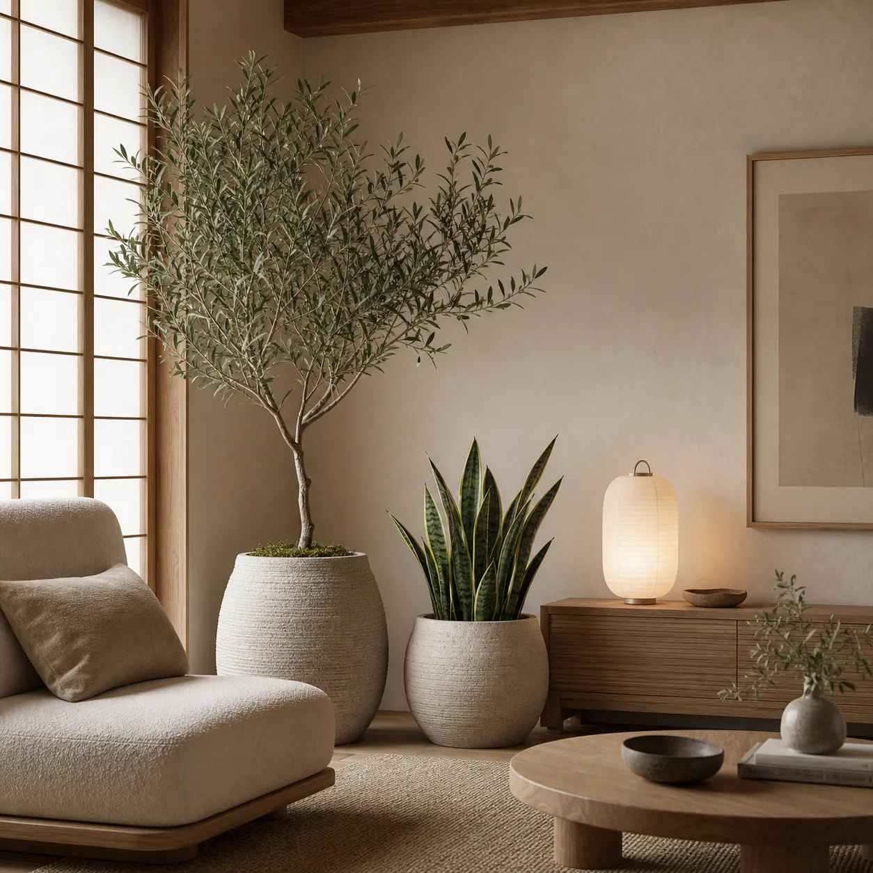 Japandi style artificial plants with calm tones and organic shapes