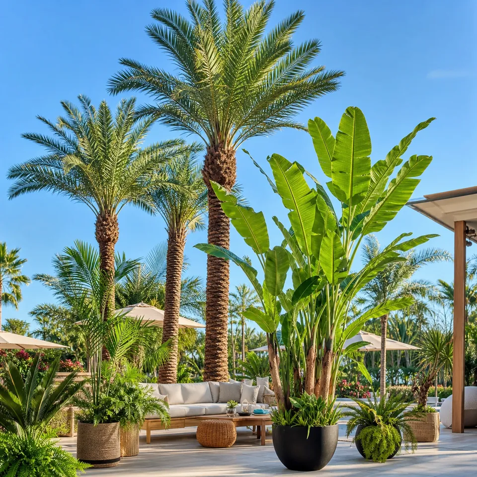 Lush tropical artificial palms for immersive resort environments