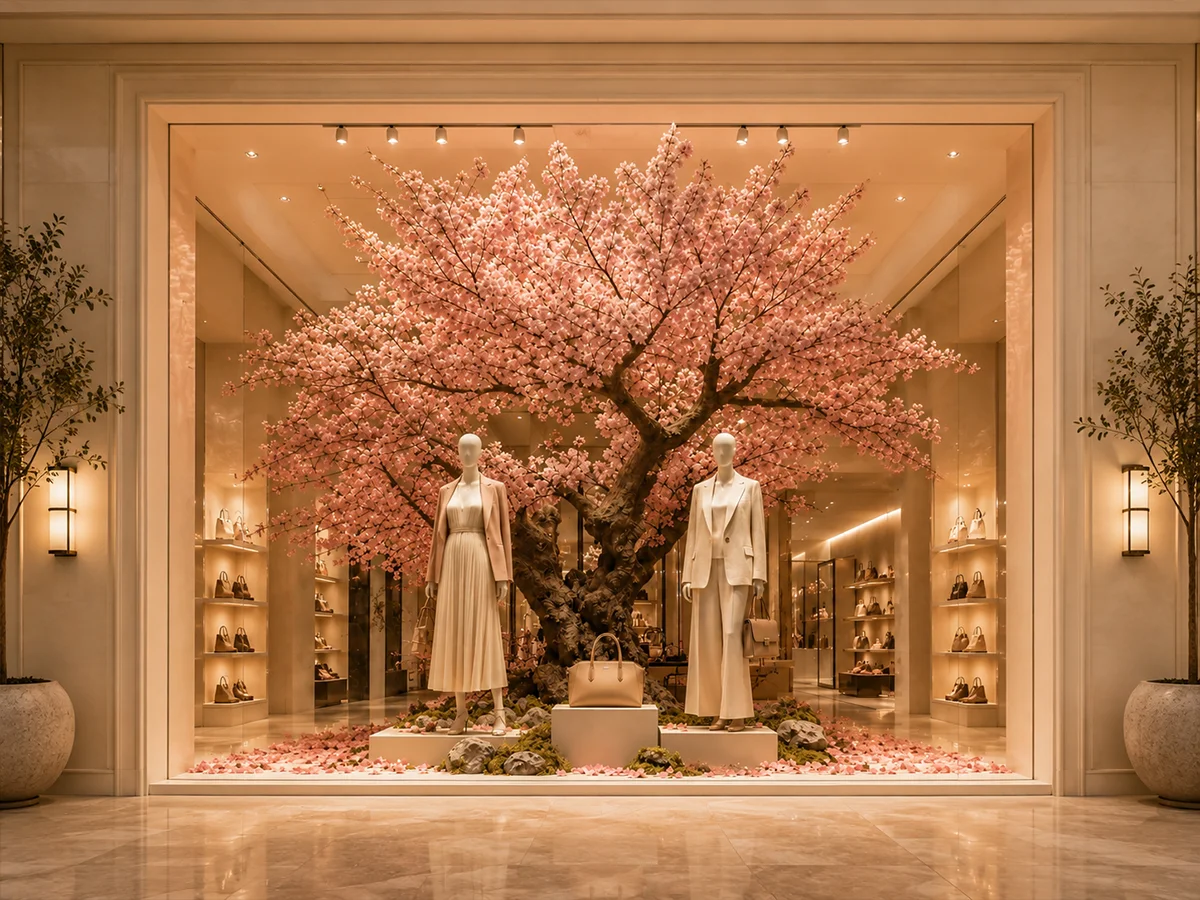 Custom flowering artificial trees for luxury retail window displays