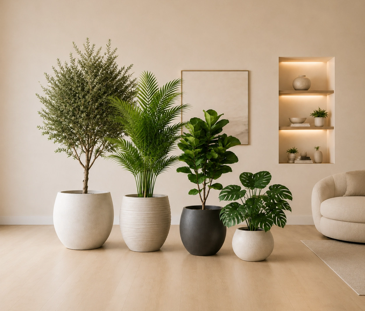 Style and design inspiration for wholesale artificial plant collections with modern tropical Japandi and Boho style scenes