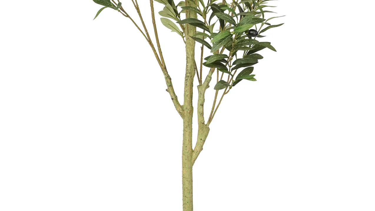 tall artificial olive tree showing trunk and branch structure