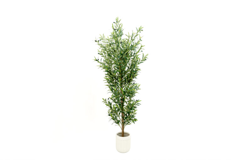 tall artificial olive tree in a white ribbed planter